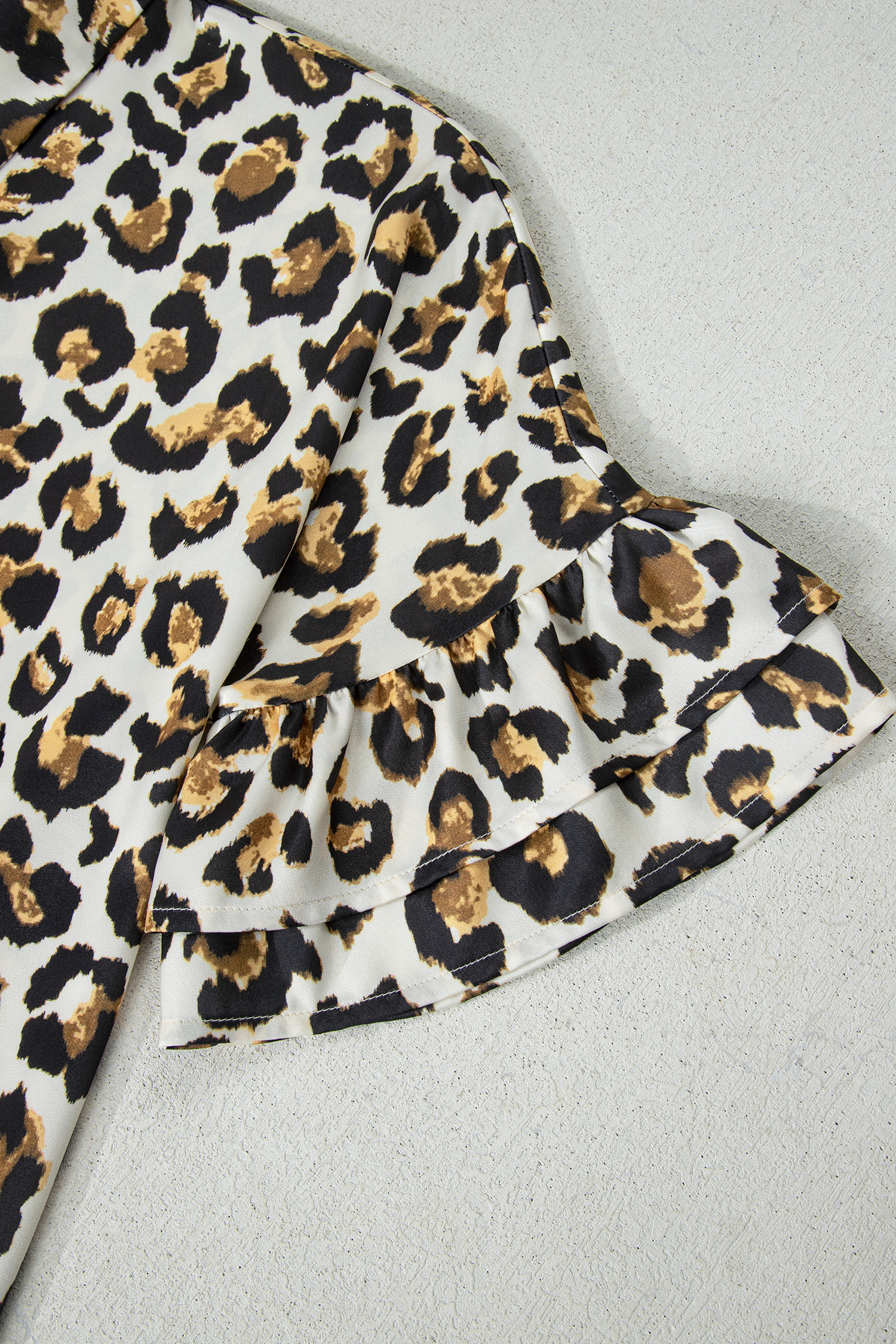 Khaki Leopard Print Ruffle Trim 3/4 Sleeve Loose Shirt - loveforevers
