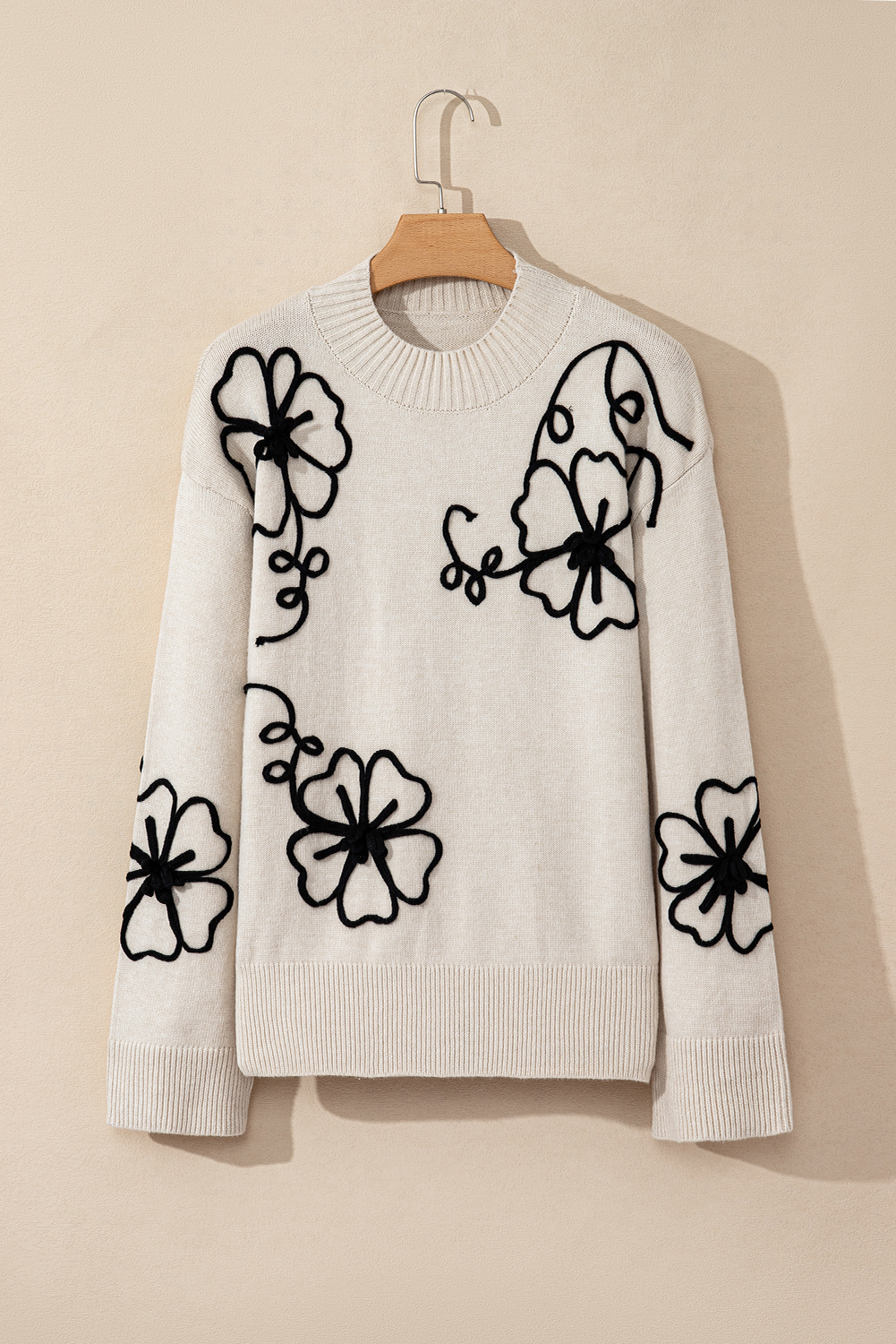 Beige Flower Stitching Mock Neck Sweater - loveforevers