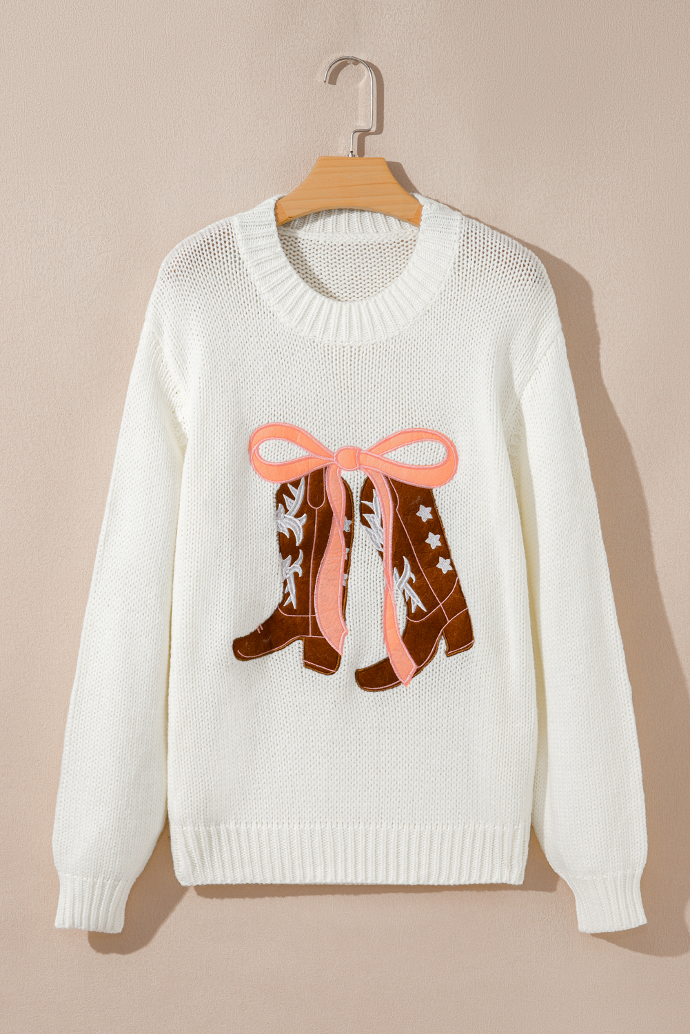 White Embroidered Bow Boots Graphic Drop Shoulder Sweater - loveforevers
