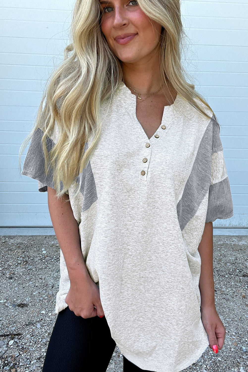 Dearlovers Light Grey Two Tone Contrast Waffle Knit Patched Buttoned V Neck Top - loveforevers