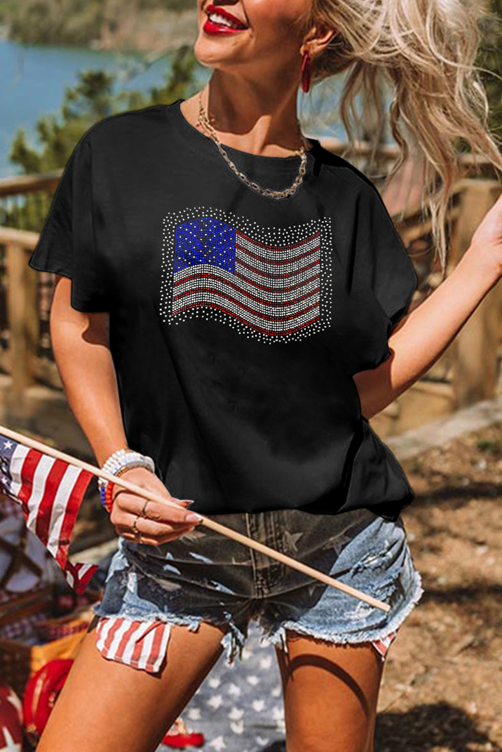Black Rhinestone American Flag Casual Round Neck Tee - loveforevers
