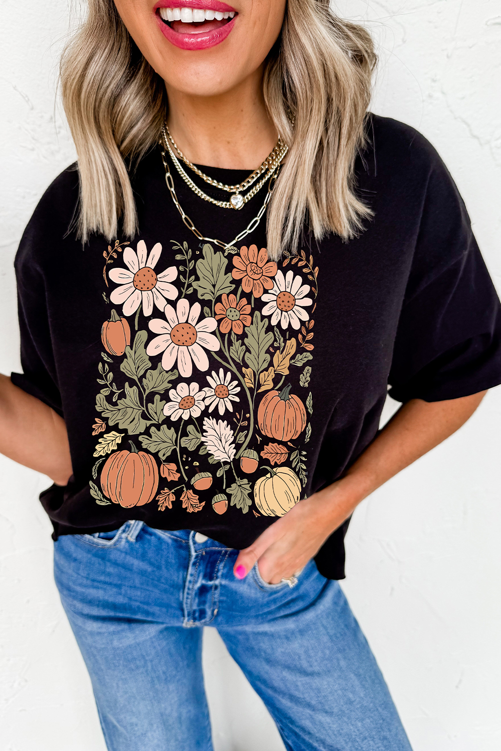 Black Wild Flower Pumpkin Print T Shirt - loveforevers