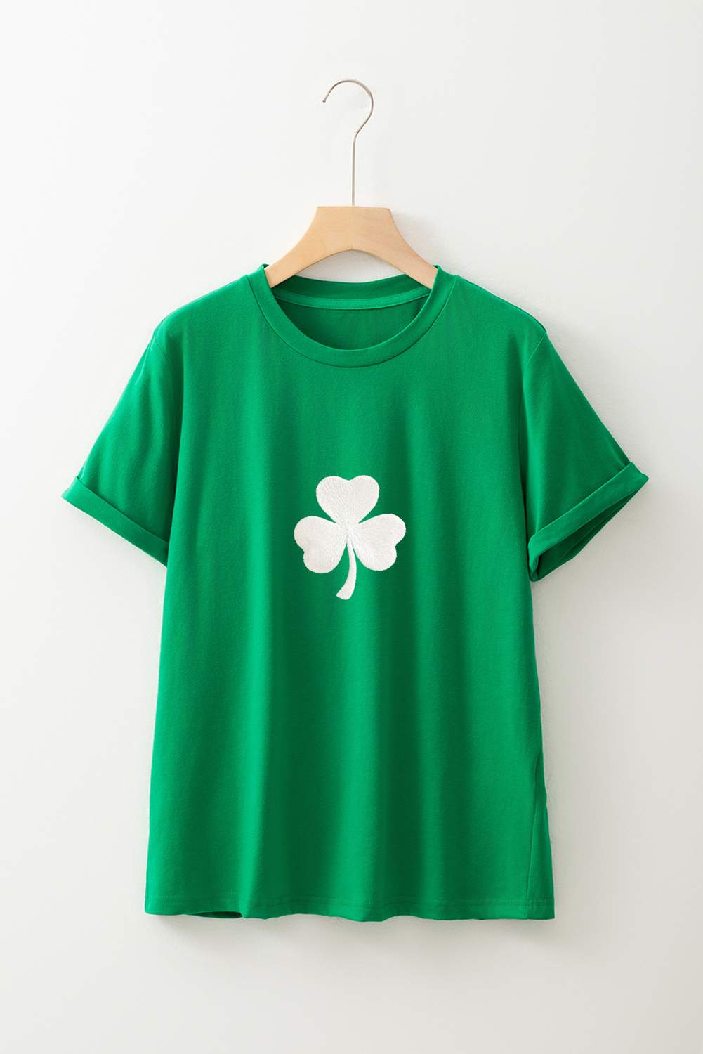 Bright Green Embroidered Clover Pattern St Patrick Tee - loveforevers
