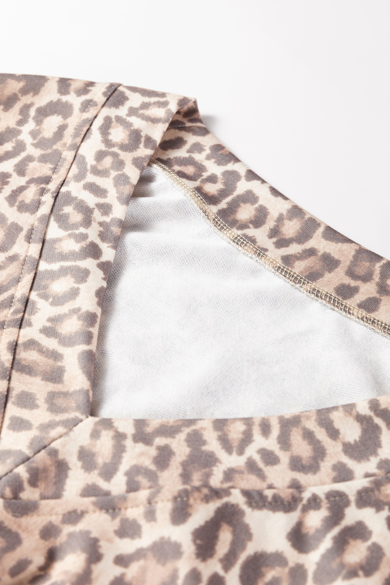 Light French Beige Leopard Print V Neck Pullover Mini Skirt 2pcs Set - loveforevers