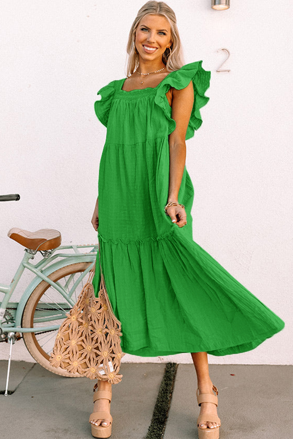 Sky Blue Ruffled Flutter Sleeve Square Neck Textured Tiered Maxi Dress - loveforevers