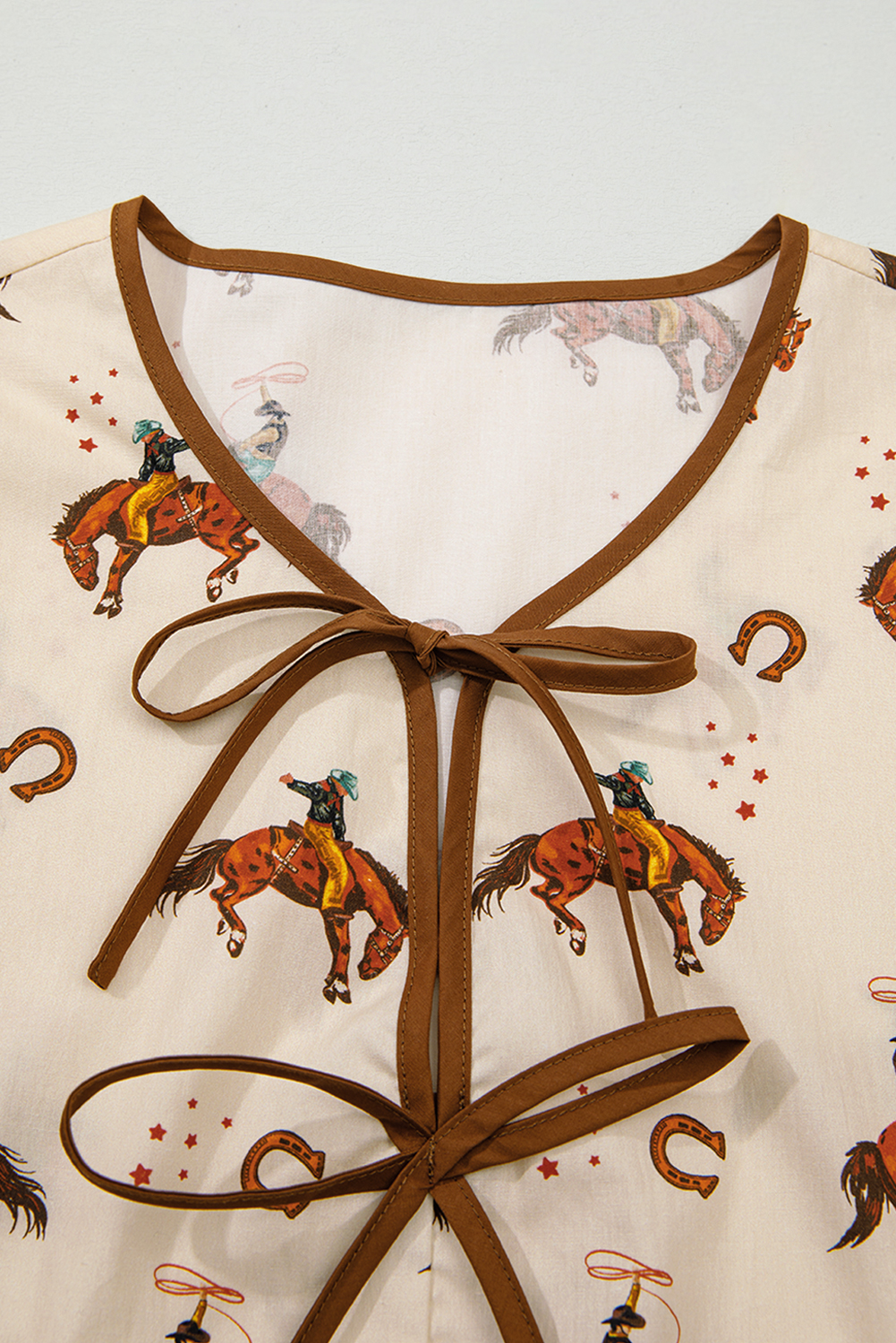 Apricot Western Rodeo Print Tied Front Puff Sleeve Peplum Top - loveforevers