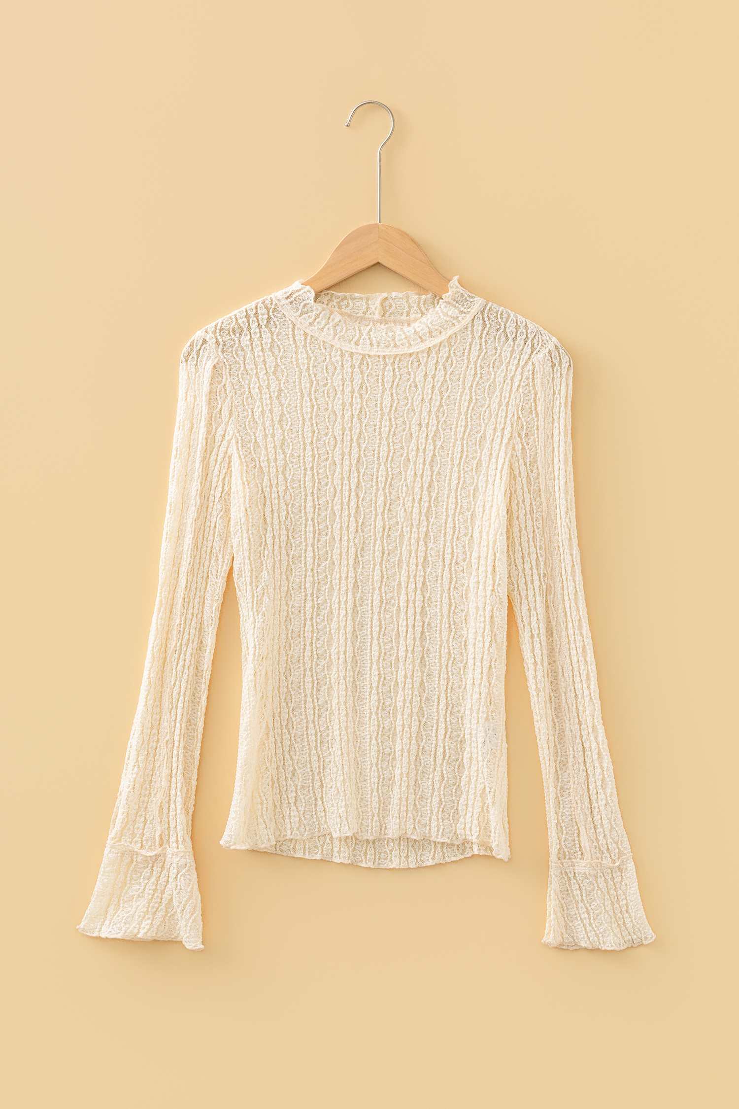 Apricot Flounced Long Sleeve Mock Neck Sheer Lace Top - loveforevers