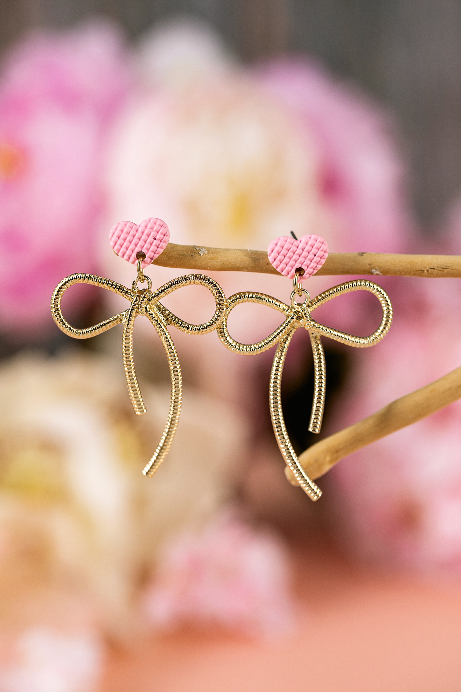 Pink Waffled Heart Stud Gold Plated Bow Dangle Earrings - loveforevers