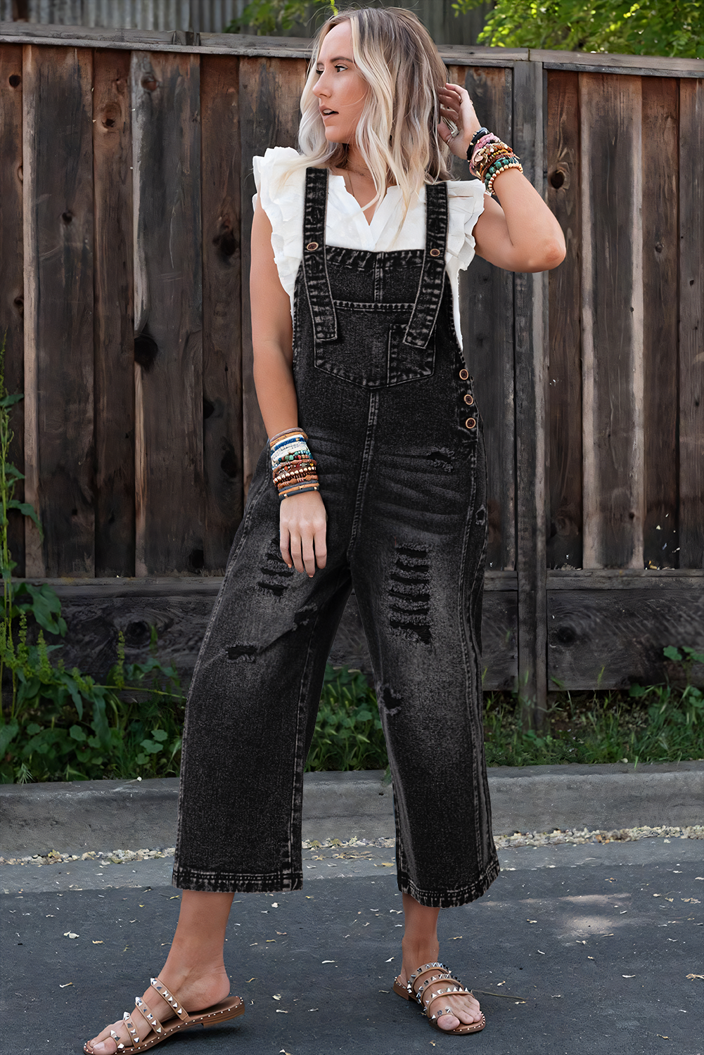 Stone Blue Distressed Bib Pocket Wide Leg Denim Overall - loveforevers
