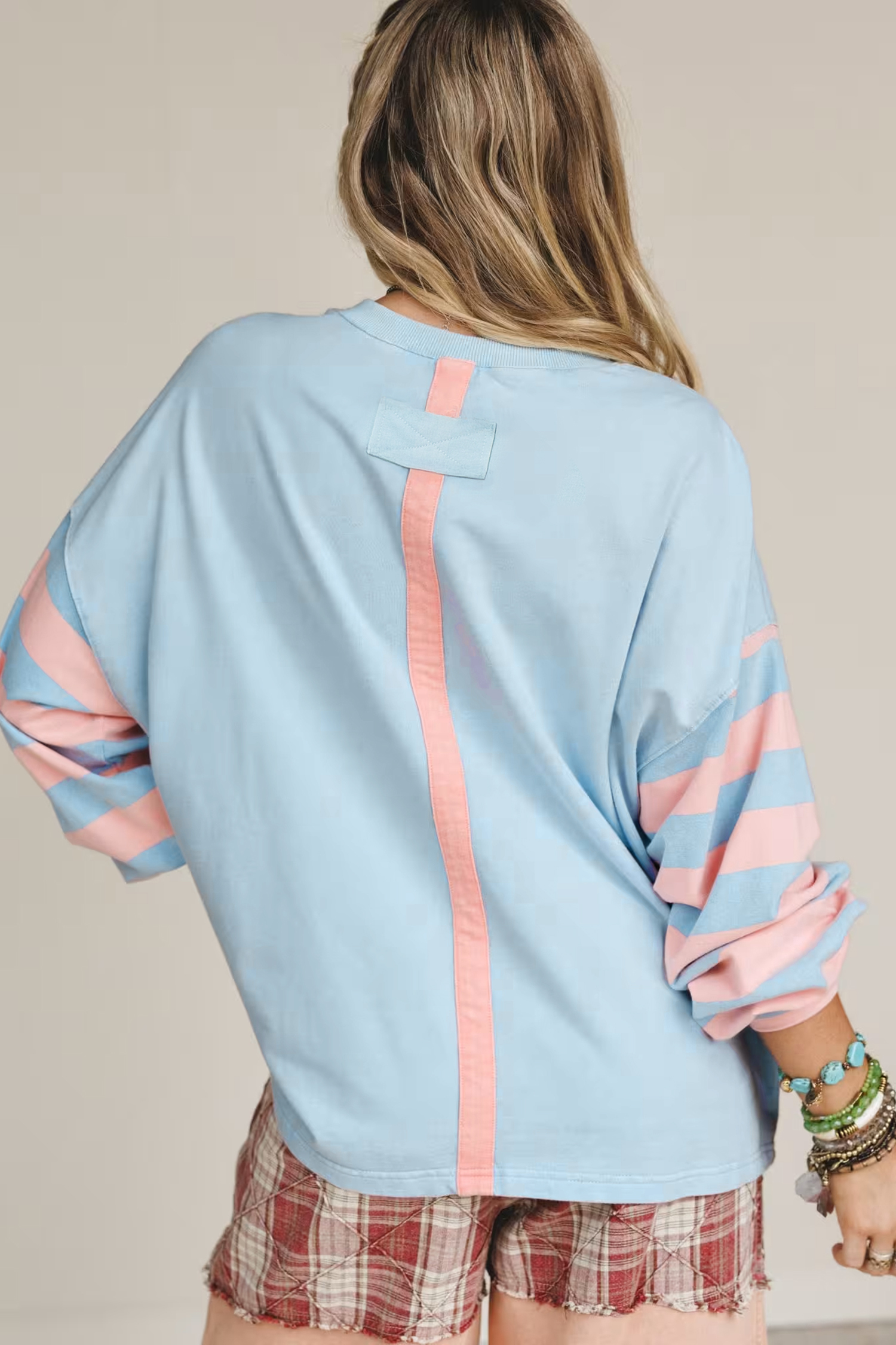 Beau Blue Big Flower Patch Drop Shoulder Striped Long Sleeve Top - loveforevers
