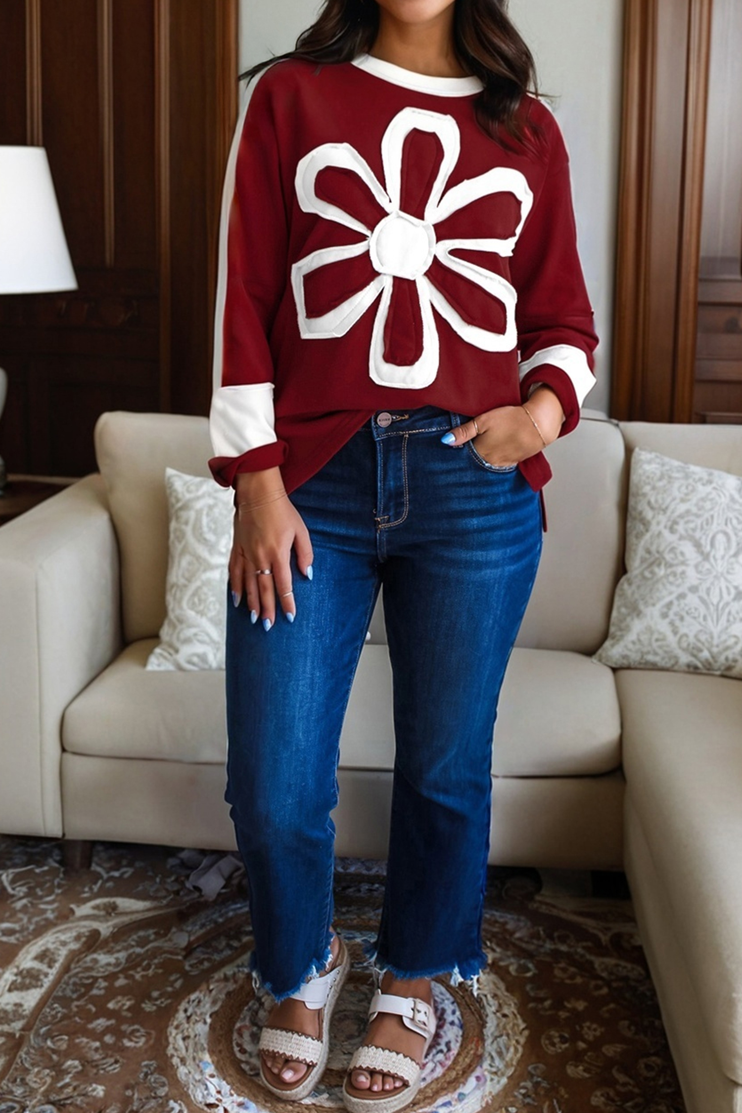Red Dahlia Cheerful Daisy Flower Patched Round Neck Long Sleeve Top - loveforevers