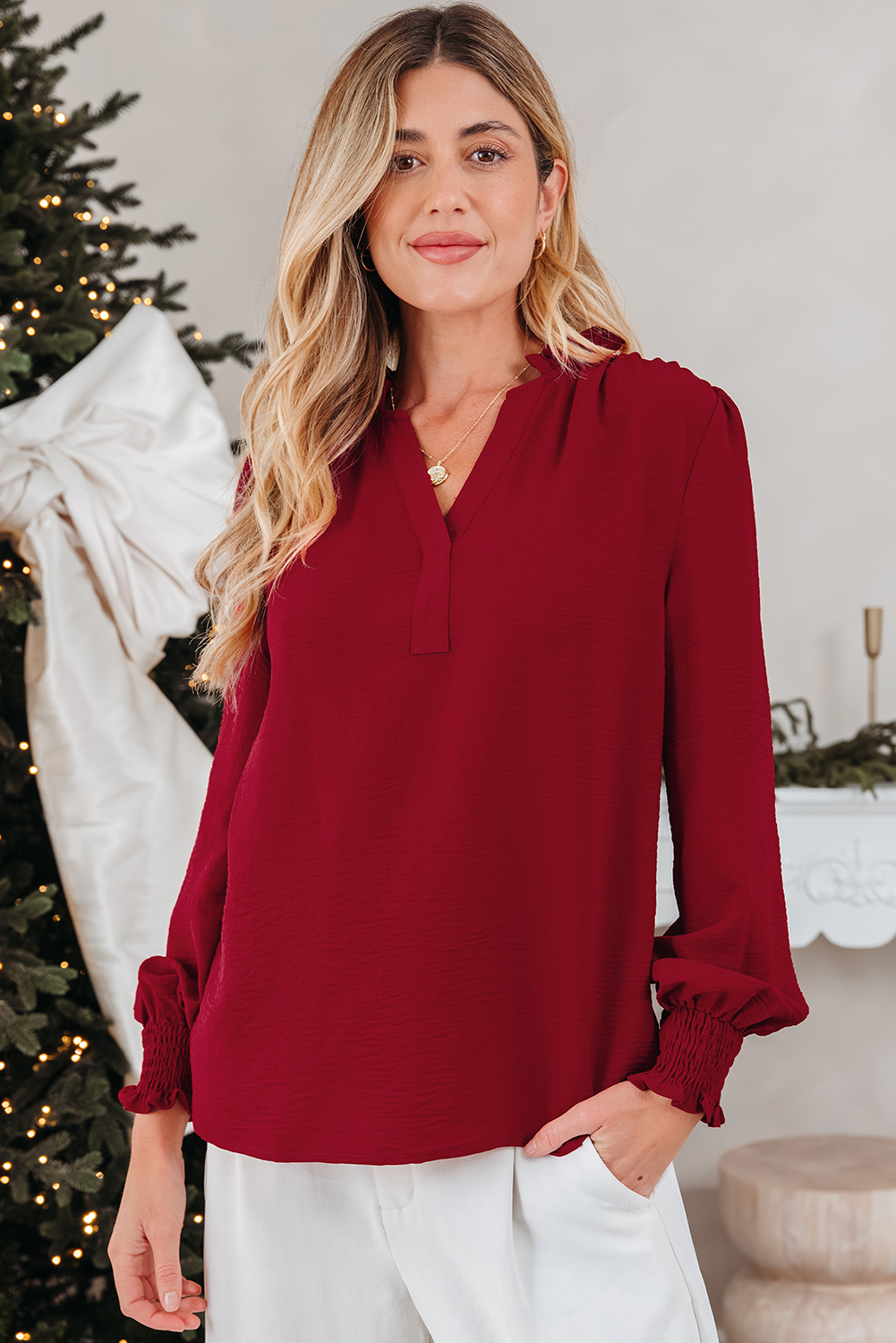 Burgundy Notched Neck Shirred Cuff Long Sleeve Blouse - loveforevers