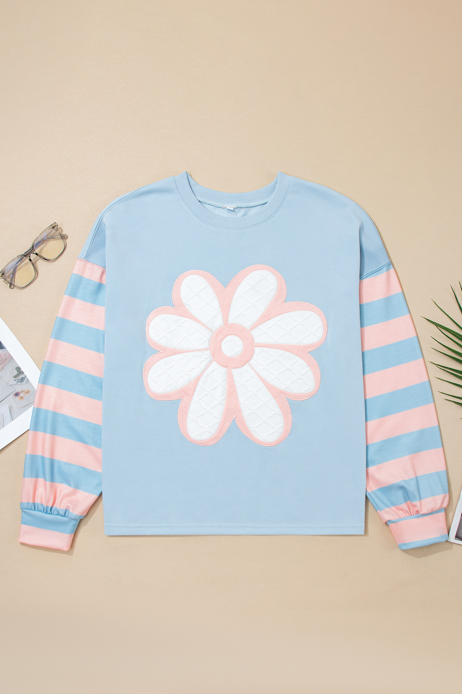 Beau Blue Big Flower Patch Drop Shoulder Striped Long Sleeve Top - loveforevers