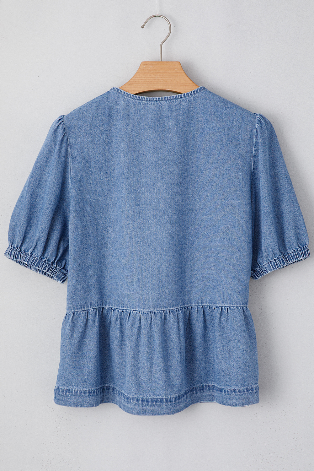 Dusk Blue Tied Front Bubble Sleeve Peplum Denim Shirt - loveforevers