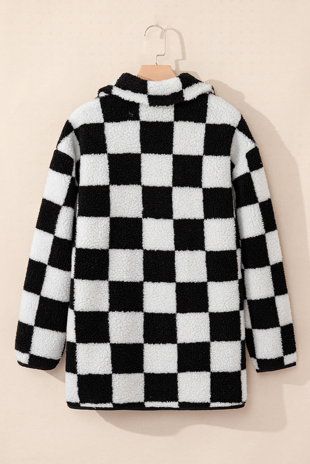 Black Checkered Side Pockets Collared Buttoned Fleece Jacket - loveforevers