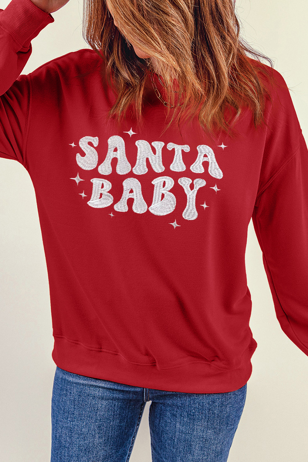 Red SANTA BABY Embroidered Crewneck Christmas Sweatshirt - loveforevers