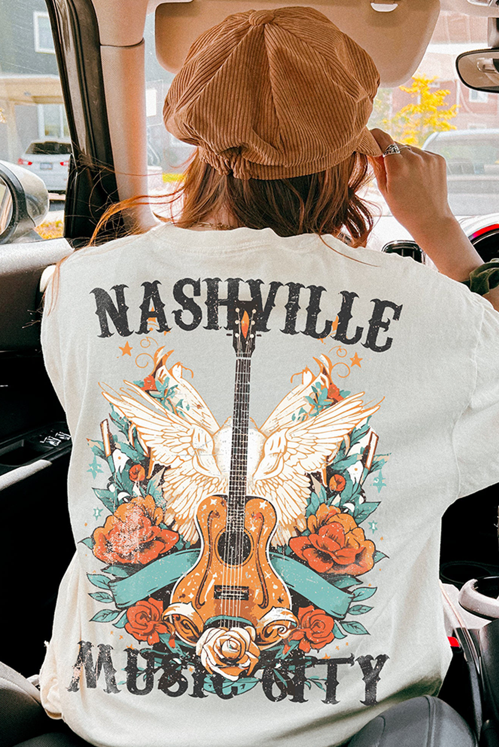 White NASHVILLE MUSIC CITY Guitar Wings Graphic Tee - loveforevers