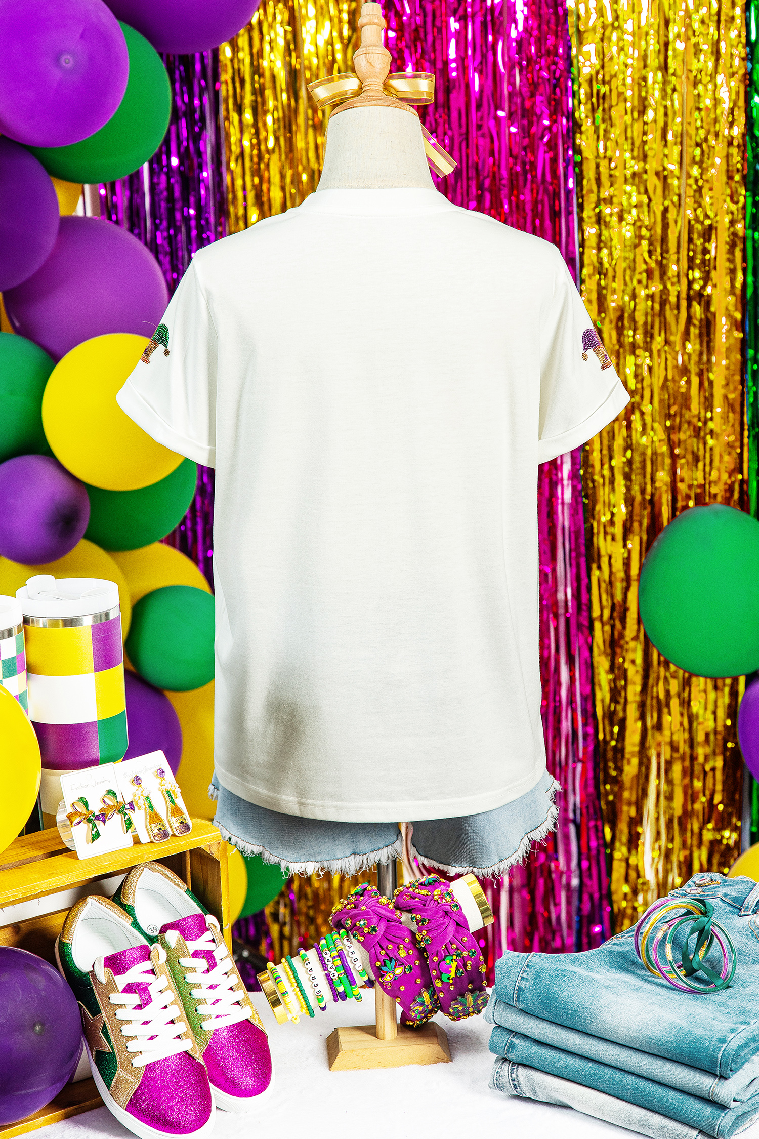 White Mardi Gras Sequin Crown Womens Casual T Shirt - loveforevers