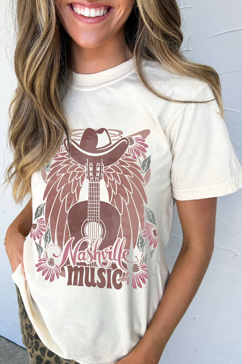 White Nashville Music Cowboy Hat Guitar Graphic Tee - loveforevers