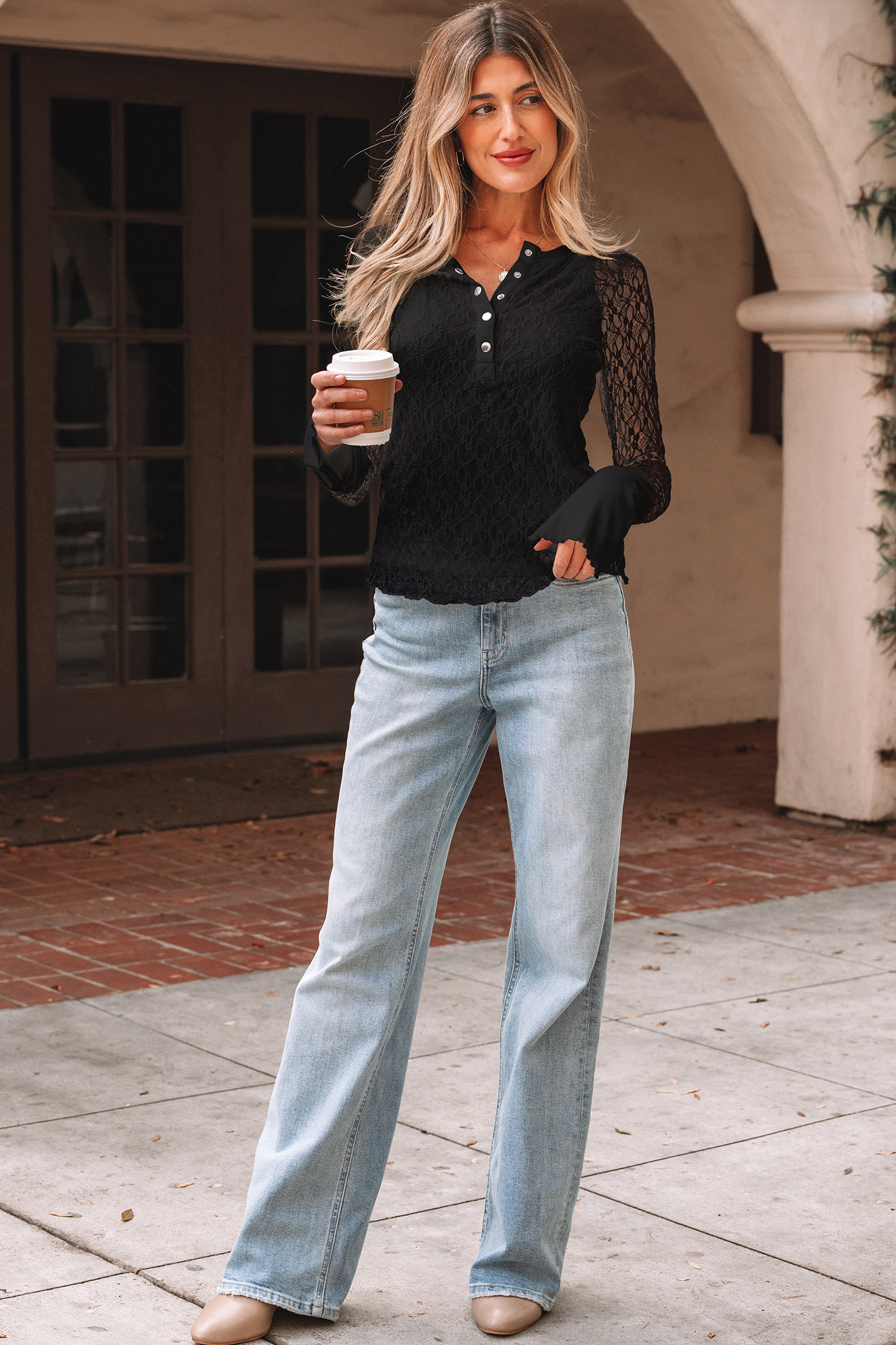 White Sheer Lace Long Sleeve Slim Henley Top - loveforevers