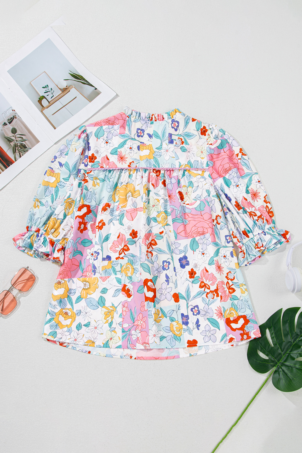 Pink Boho Flower Print Half Puff Sleeve Blouse - loveforevers