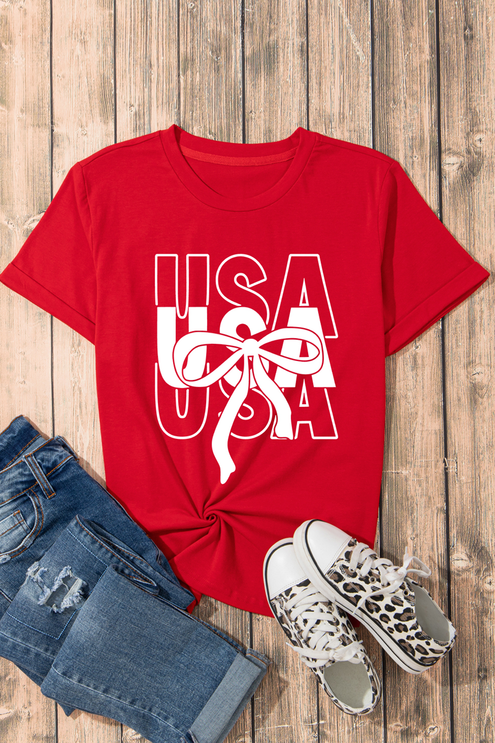 Red USA Bow Printed Casual Cotton Blend T Shirt - loveforevers