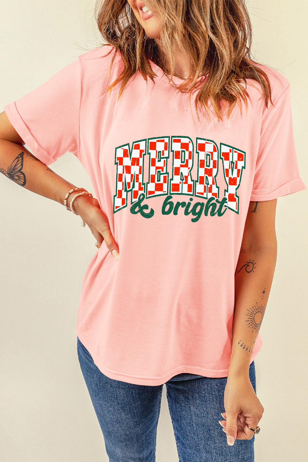Pink MERRY & bright Checkered Letter Graphic Christmas Tee - loveforevers