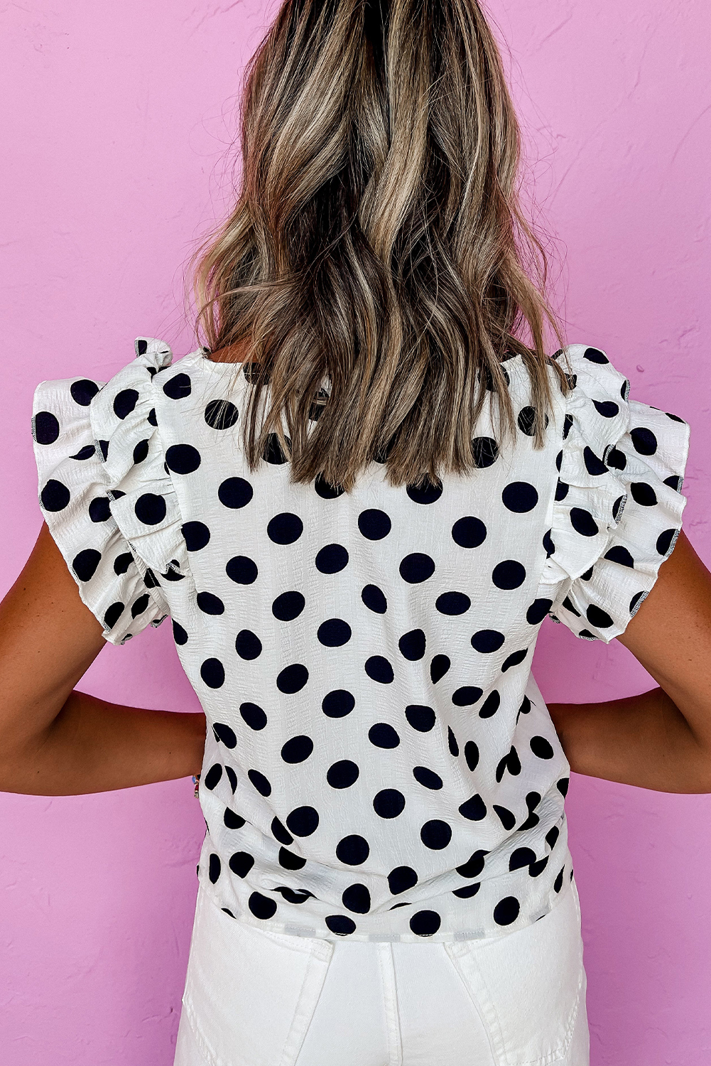 Black Polka Dot Print Ruffled Sleeve V Neck Blouse - loveforevers