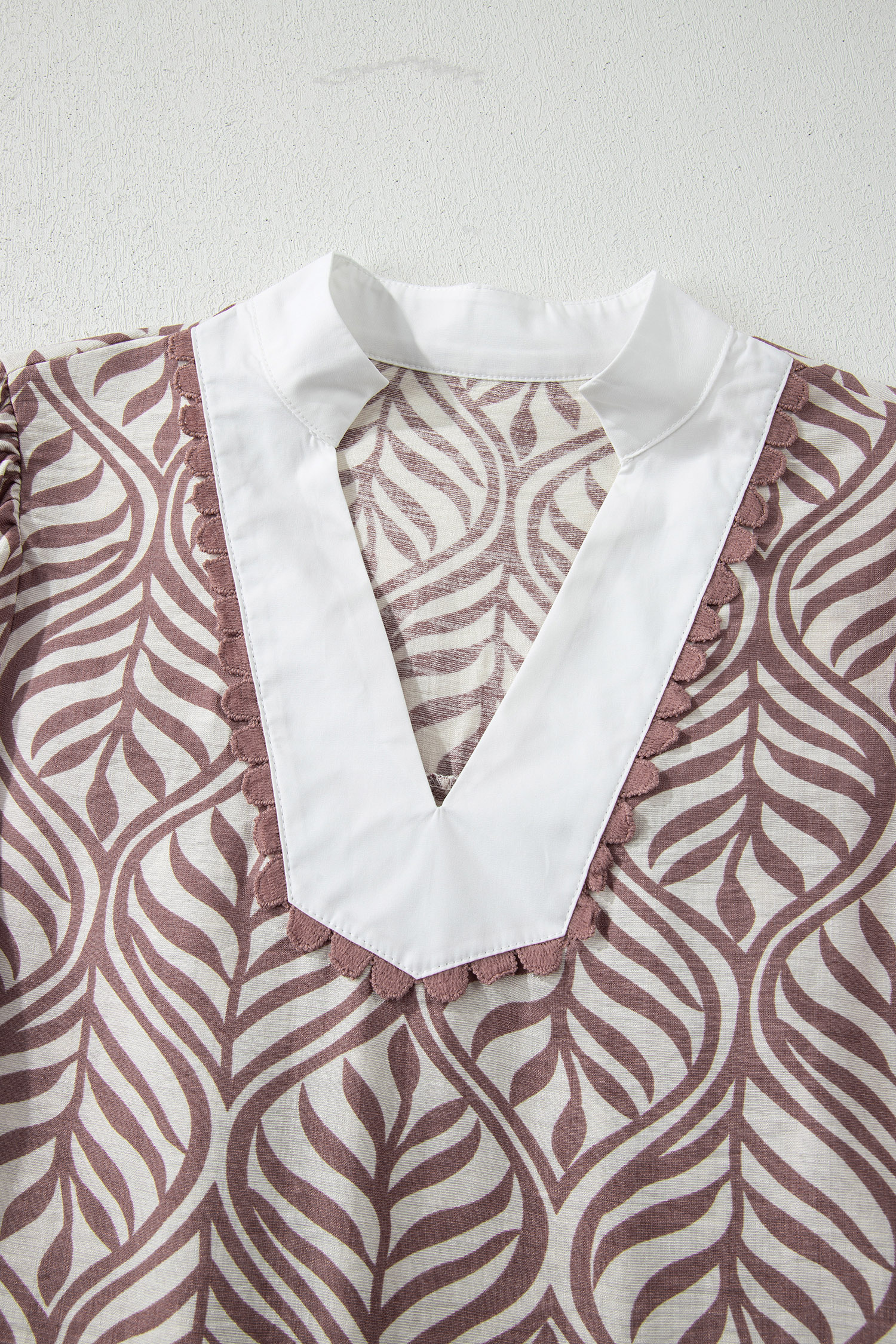 Brown Leaf Print Standing Collar Puff Sleeve Top - loveforevers