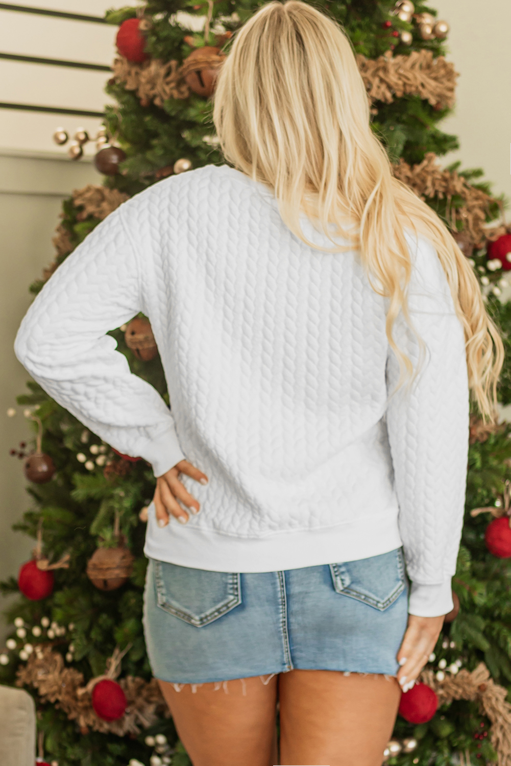 White LOVE Chenille Embroidered Cable Knit Pullover Sweatshirt - loveforevers