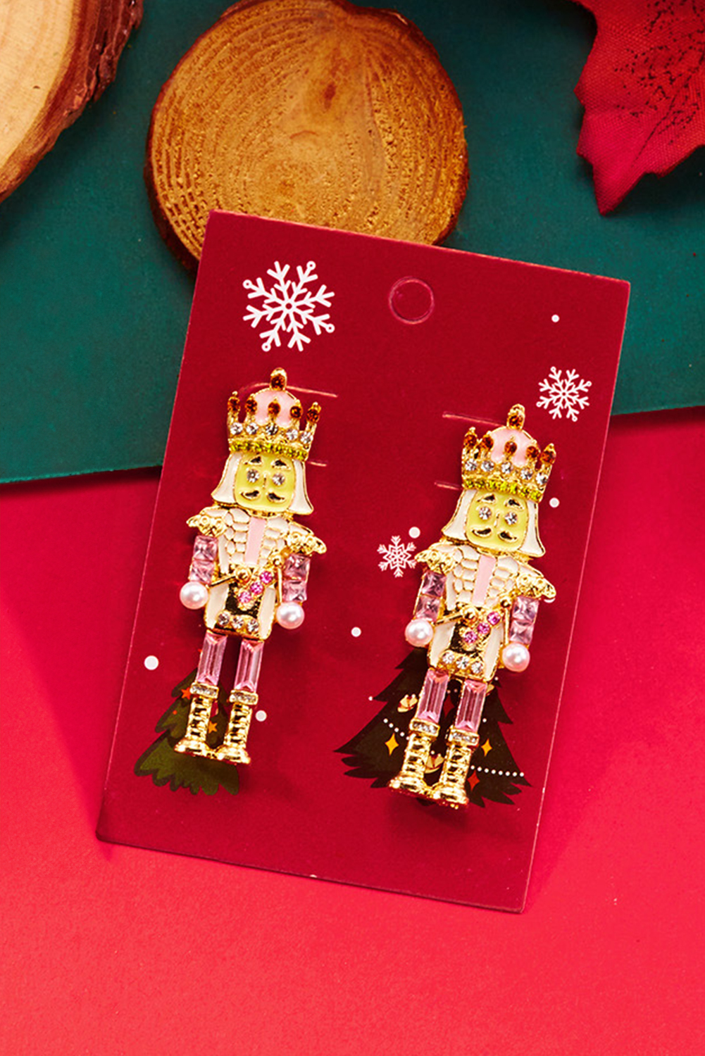Pink Christmas Nutcracker Doll Alloy Gem Holiday Earrings - loveforevers