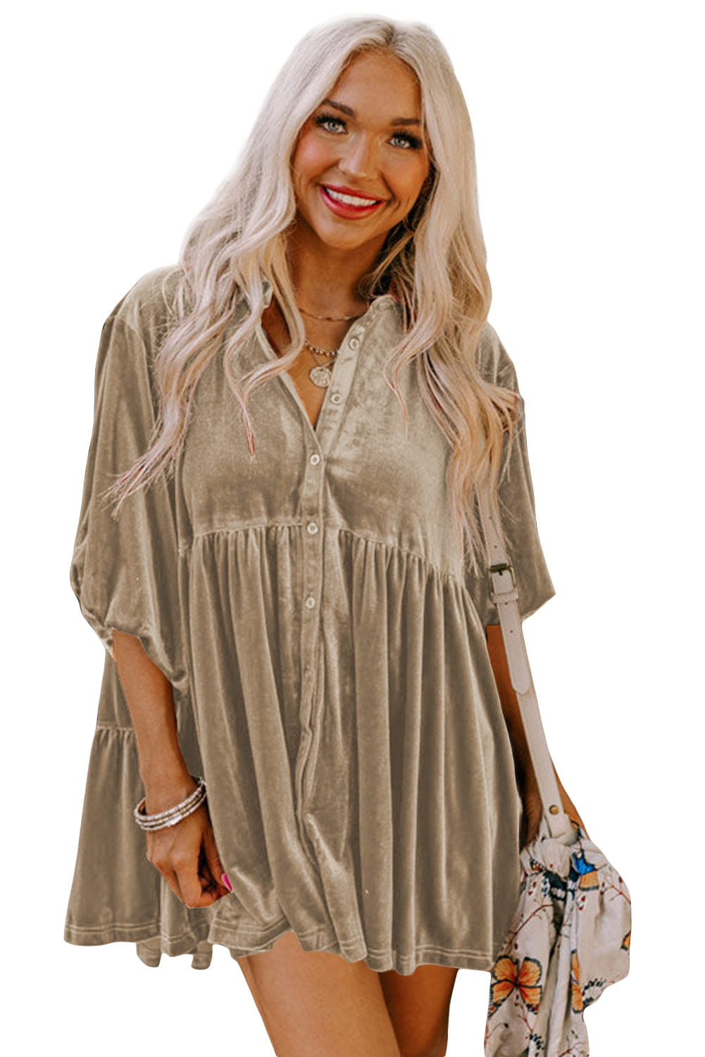 Burgundy 3/4 Sleeve Tunic Babydoll Velvet Shirt - loveforevers