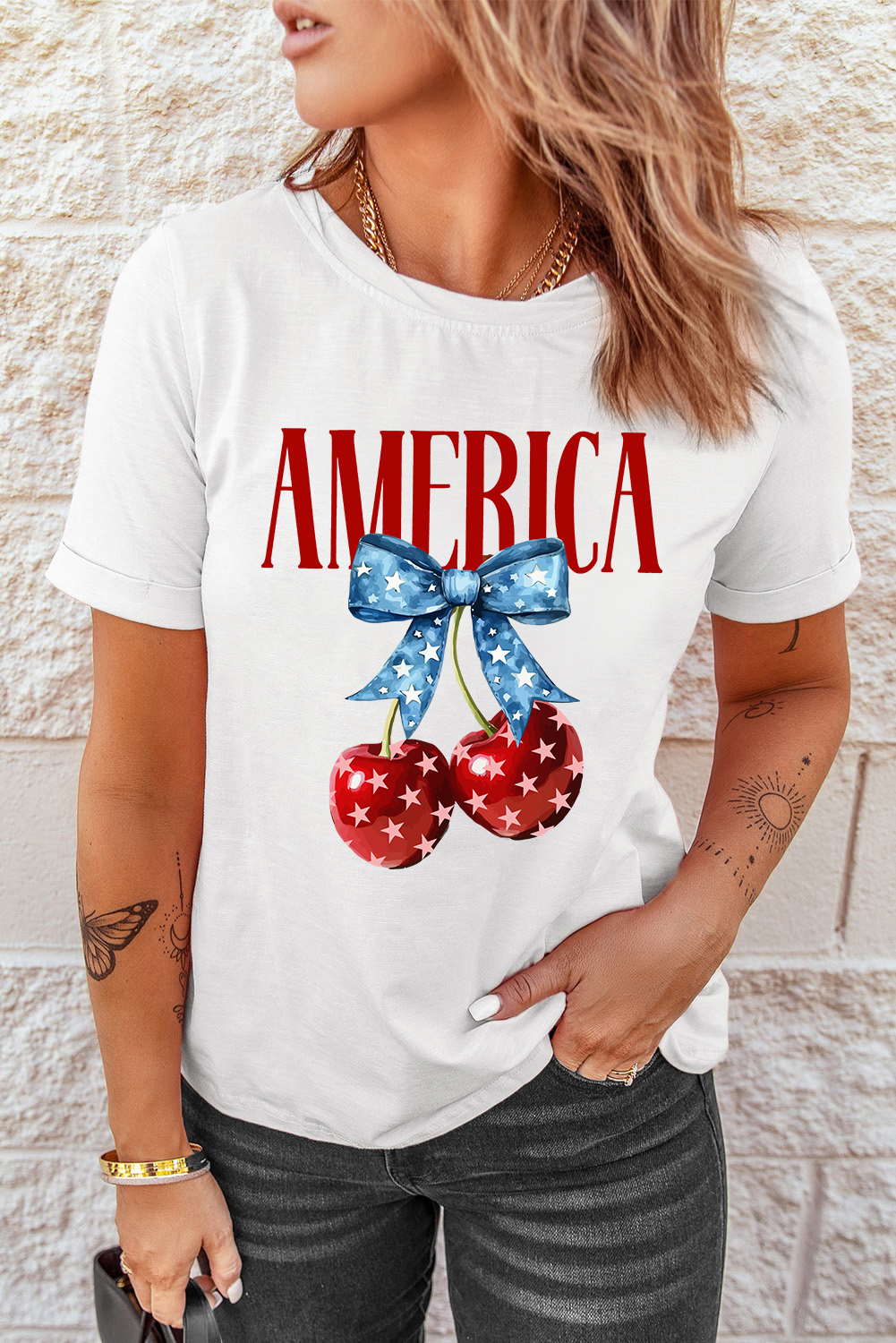 White AMERICA Bow Cherry Print Crewneck T Shirt - loveforevers