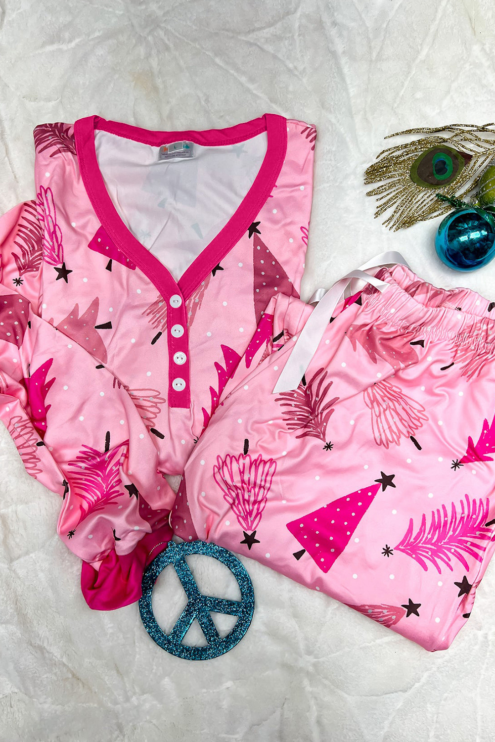 Pink Christmas Tree Print V Neck Buttoned Pullover and Drawstring Pants Lounge Set - loveforevers
