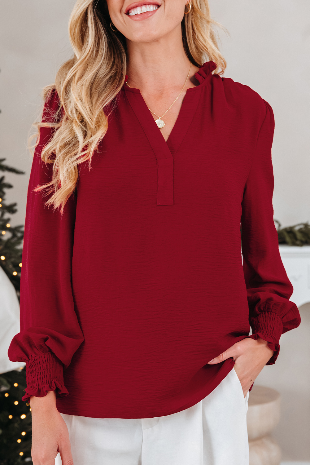 Burgundy Notched Neck Shirred Cuff Long Sleeve Blouse - loveforevers