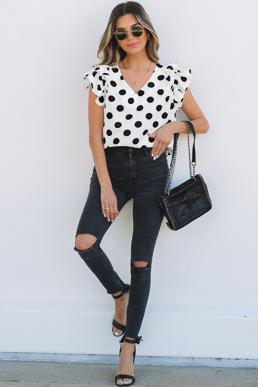 Black Polka Dot Print Ruffled Sleeve V Neck Blouse - loveforevers
