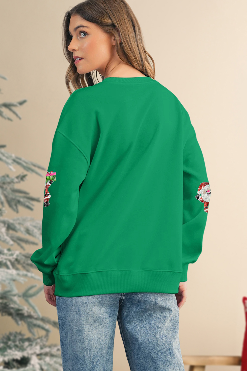 Dark Green Santa Delivering Gifts Christmas Sequin Graphic Sweatshirt - loveforevers