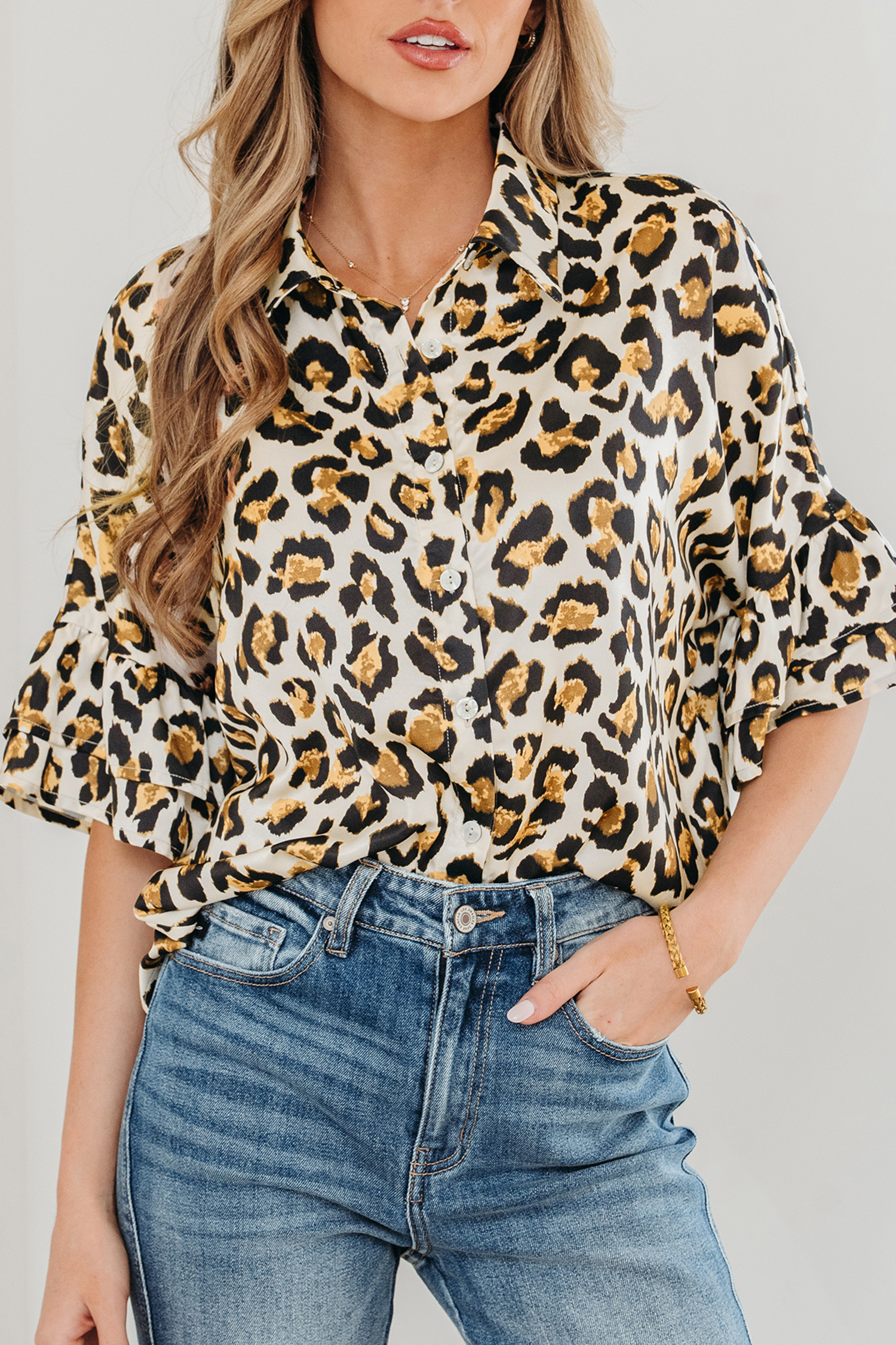 Khaki Leopard Print Ruffle Trim 3/4 Sleeve Loose Shirt - loveforevers