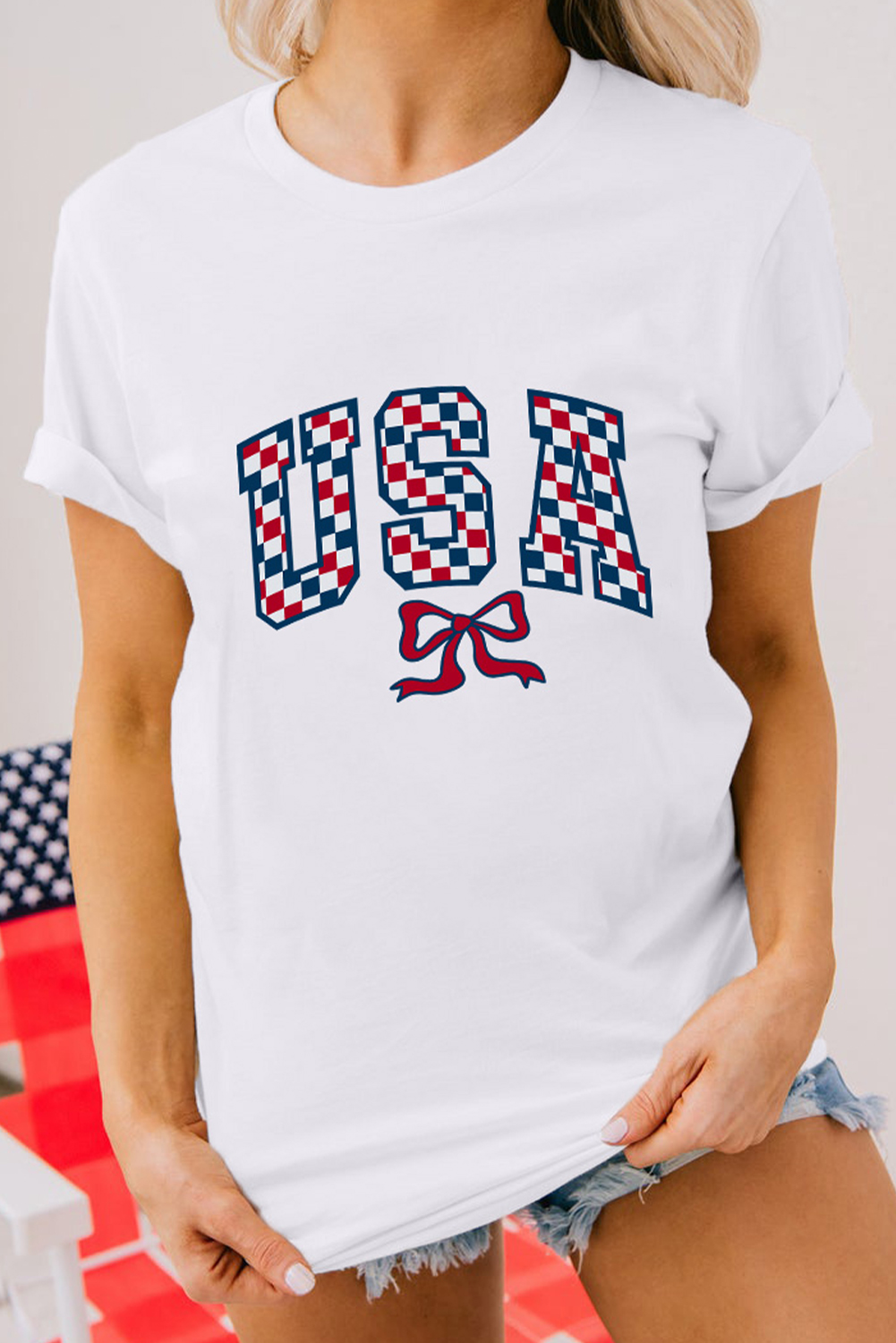 White Checkered USA Graphic Casual Tee - loveforevers