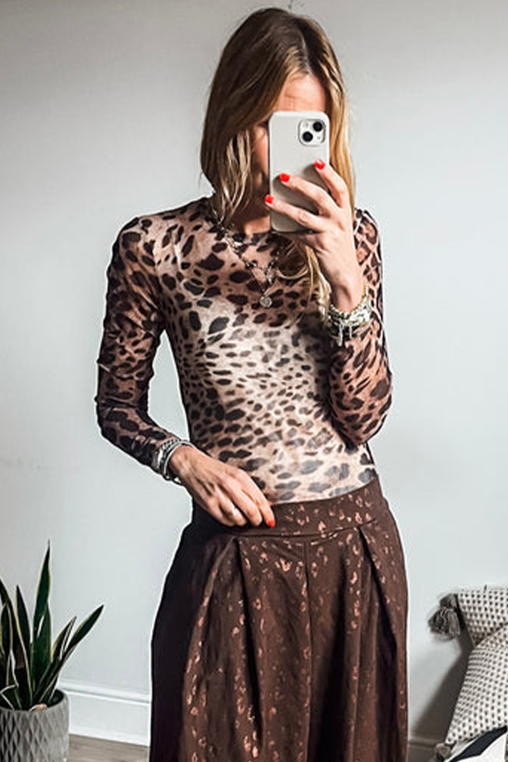 Brown Leopard Round Neck Long Sleeve Slim Top - loveforevers