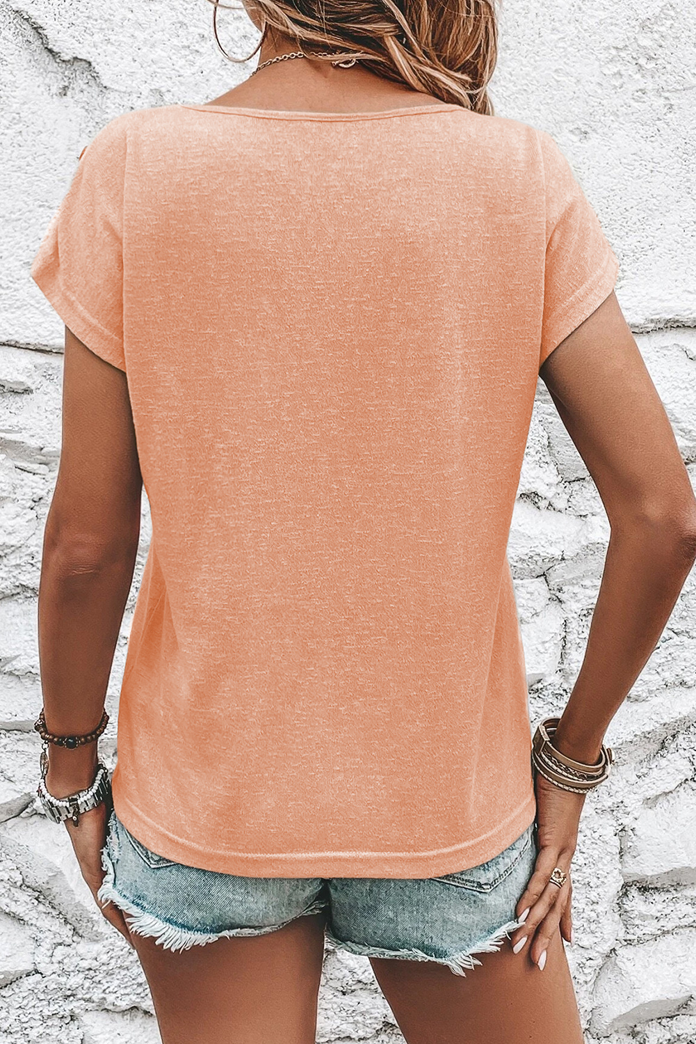 Apricot Pink Button Detail Batwing Sleeve Casual Tee - loveforevers