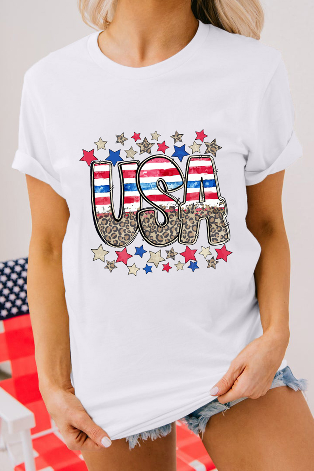 White Patriotic Star Leopard USA Letter Graphic T Shirt - loveforevers