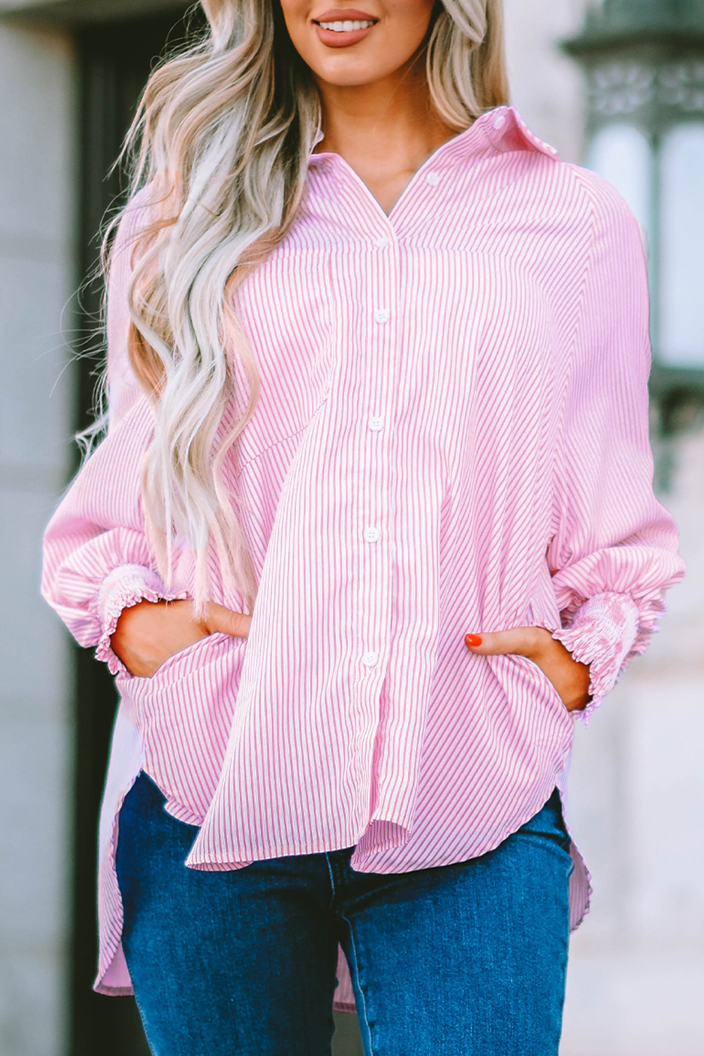 Red Stripe Smocked Cuffed Striped Boyfriend Shirt with Pocket - loveforevers