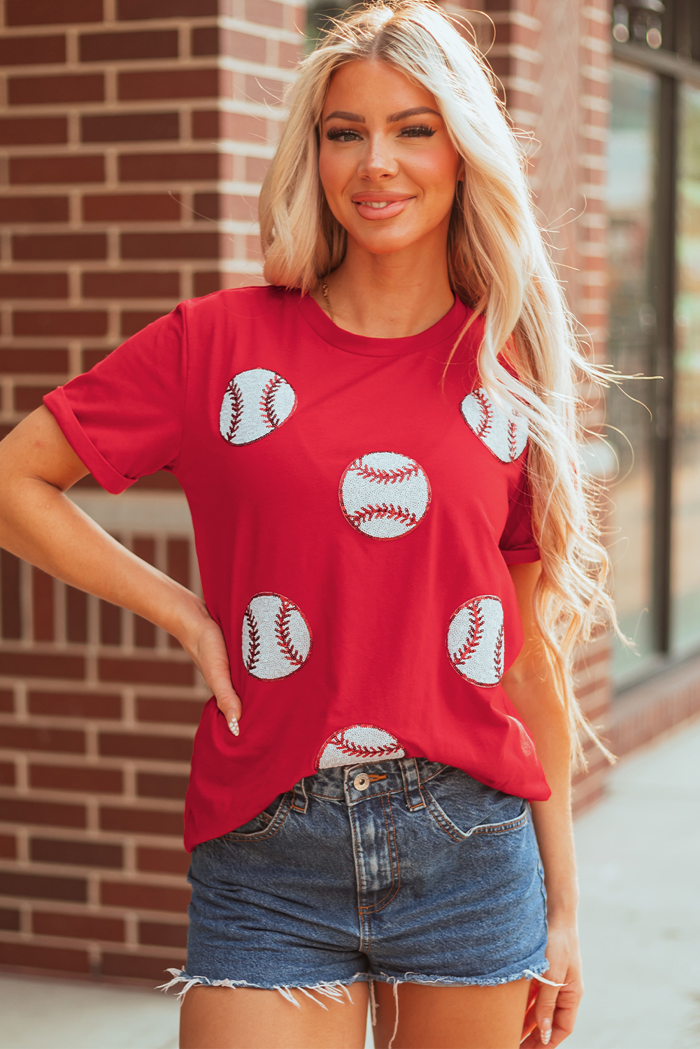Red Glittering Rugby Pattern Crew Neck Game Day T Shirt - loveforevers
