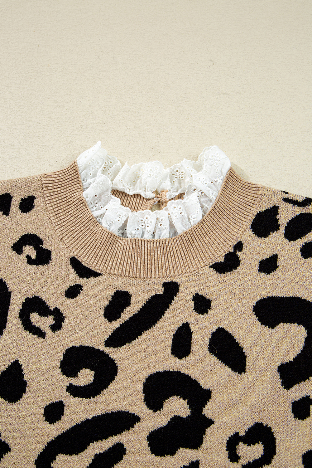 Dearlovers Brown Leopard Pattern Lace Ribbed Detail Button Cuffed Sweater - loveforevers