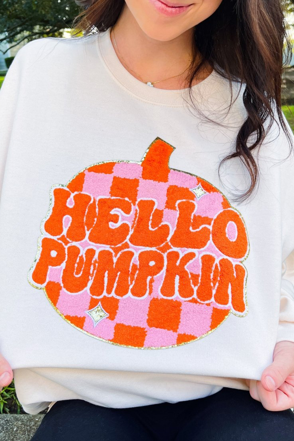 White Terry Halloween Pumpkin Patched Pattern Pullover Sweatshirt - loveforevers