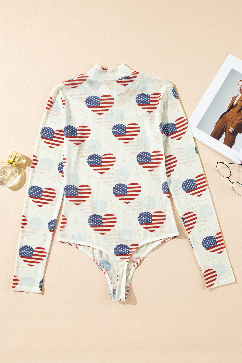 White Americana Glitter Mesh Long Sleeve Bodysuit - loveforevers