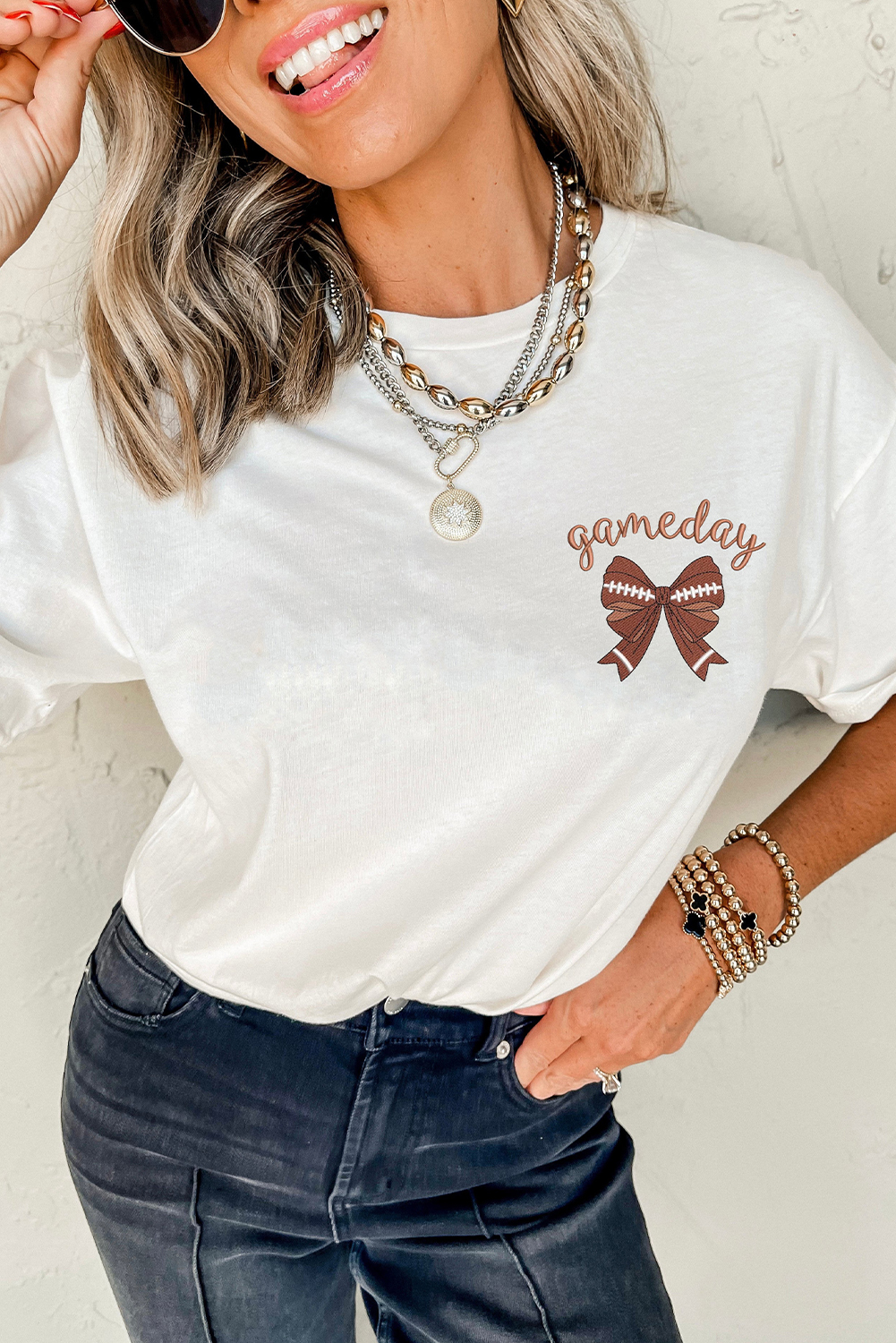 White Game Day Bowknot Embroidered Graphic Casual Tee - loveforevers