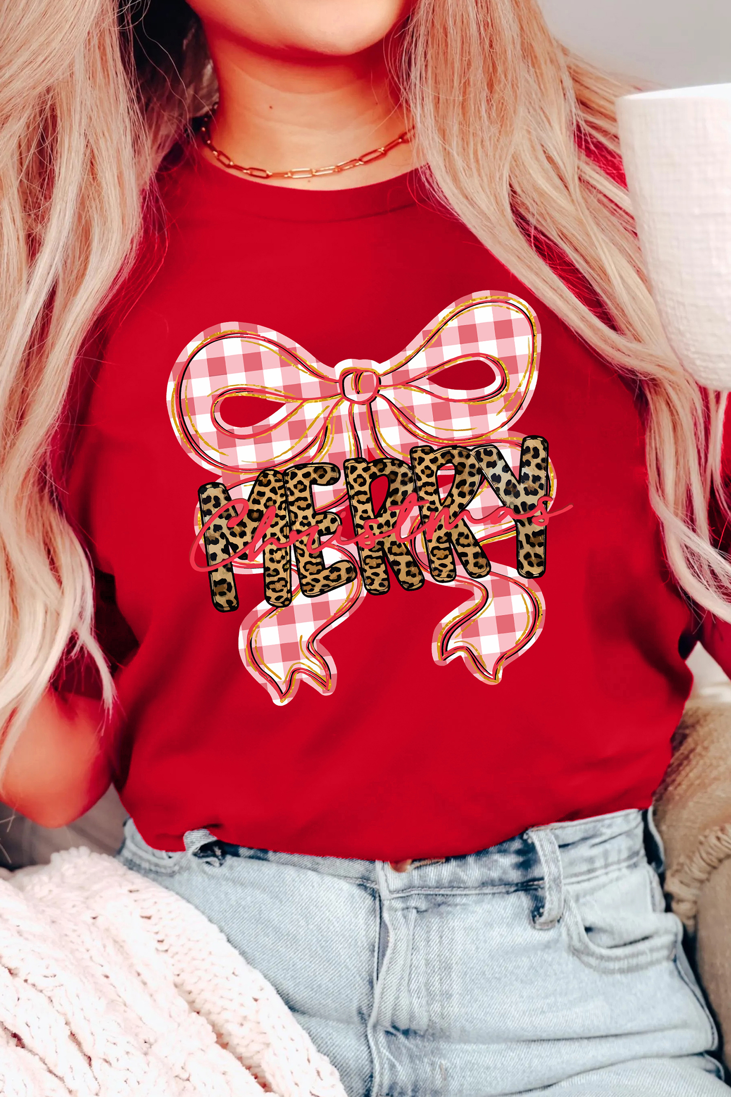 Red Leopard Merry Christmas Plaid Bow Graphic Holiday T Shirt - loveforevers