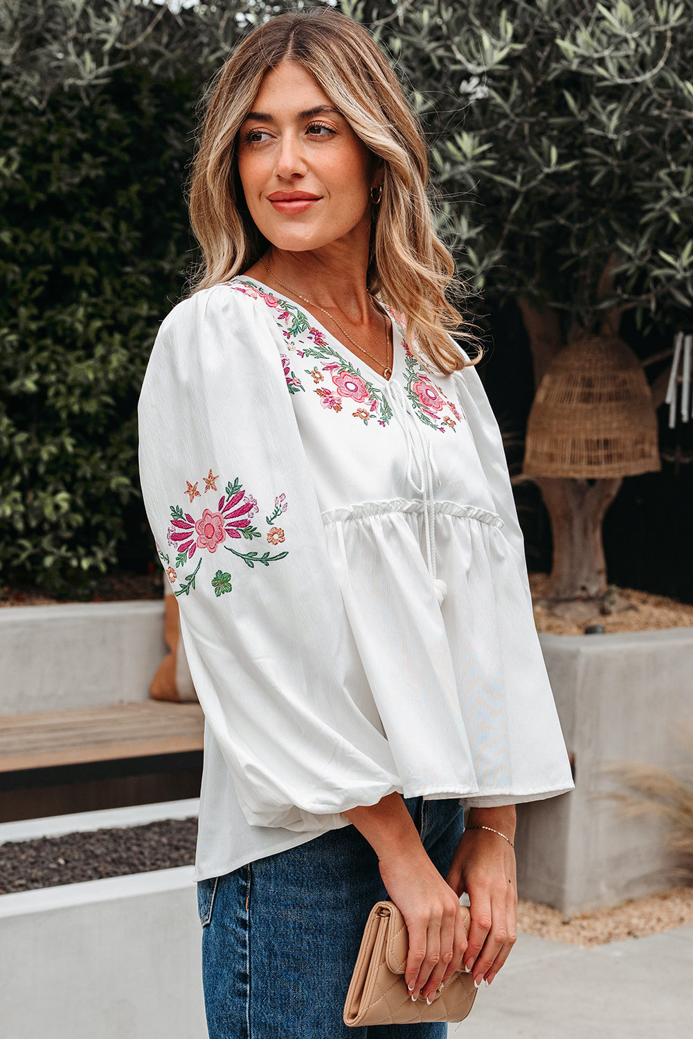 White Flower Print Lace-up V Neck Babydoll Blouse - loveforevers